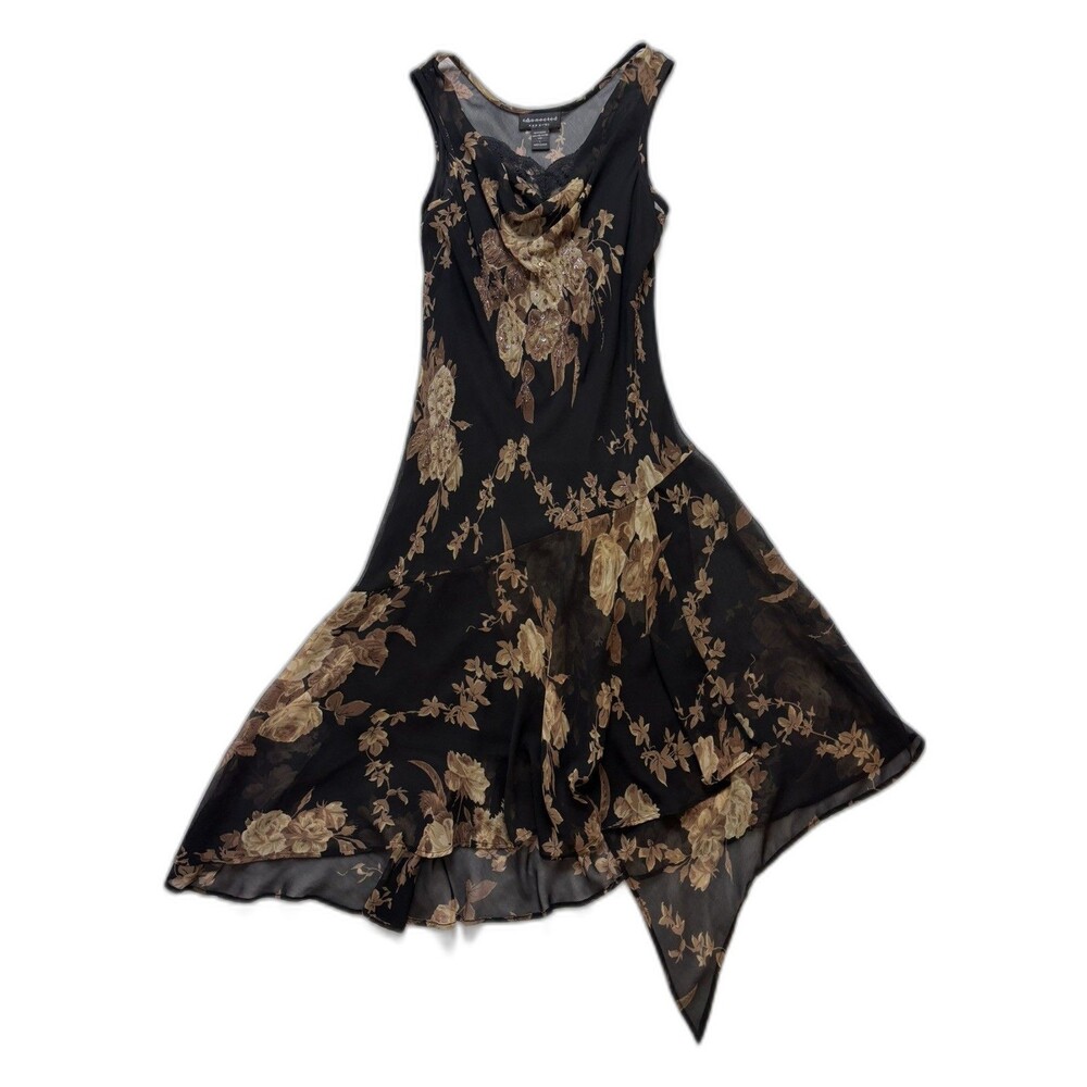 Y2K Asymmetrical Hem Beaded Midi Floral Dress Dark Fairy Whimsigoth Grunge Sz L